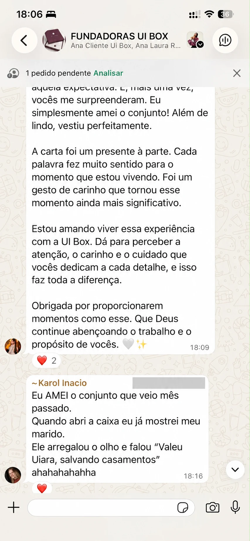 Mensagens sobre o conjunto e o cuidado em cada entrega.